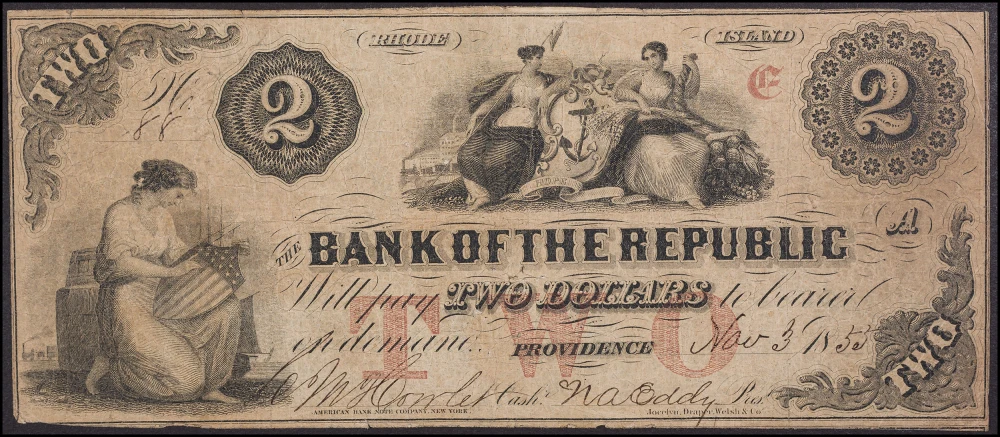 Fine 1855 Providence Rhode Island $2 Obsolete