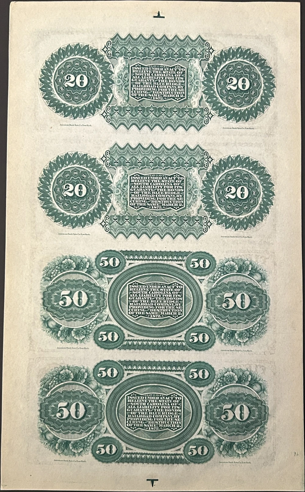 CU 1872 Columbia SC 4 Note Uncut Sheet