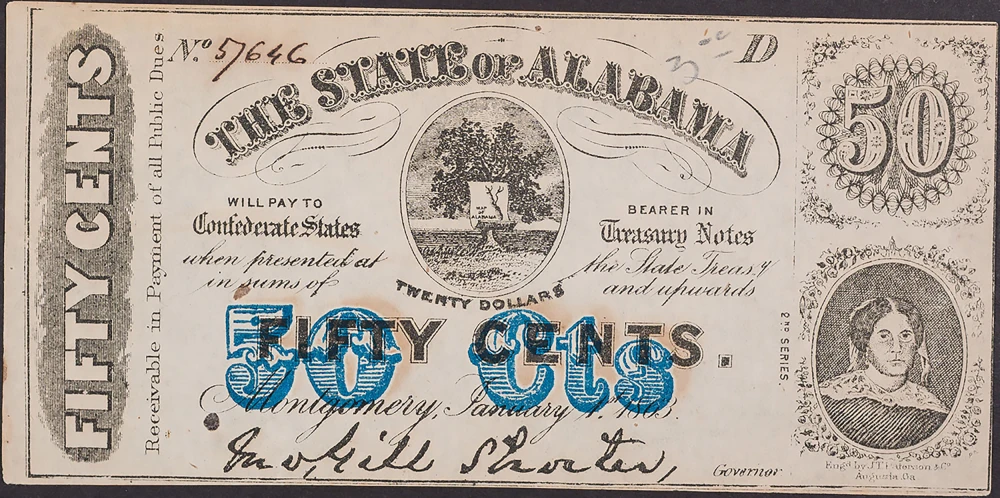 AU 1863 Alabama 50 Cents Confederate Note