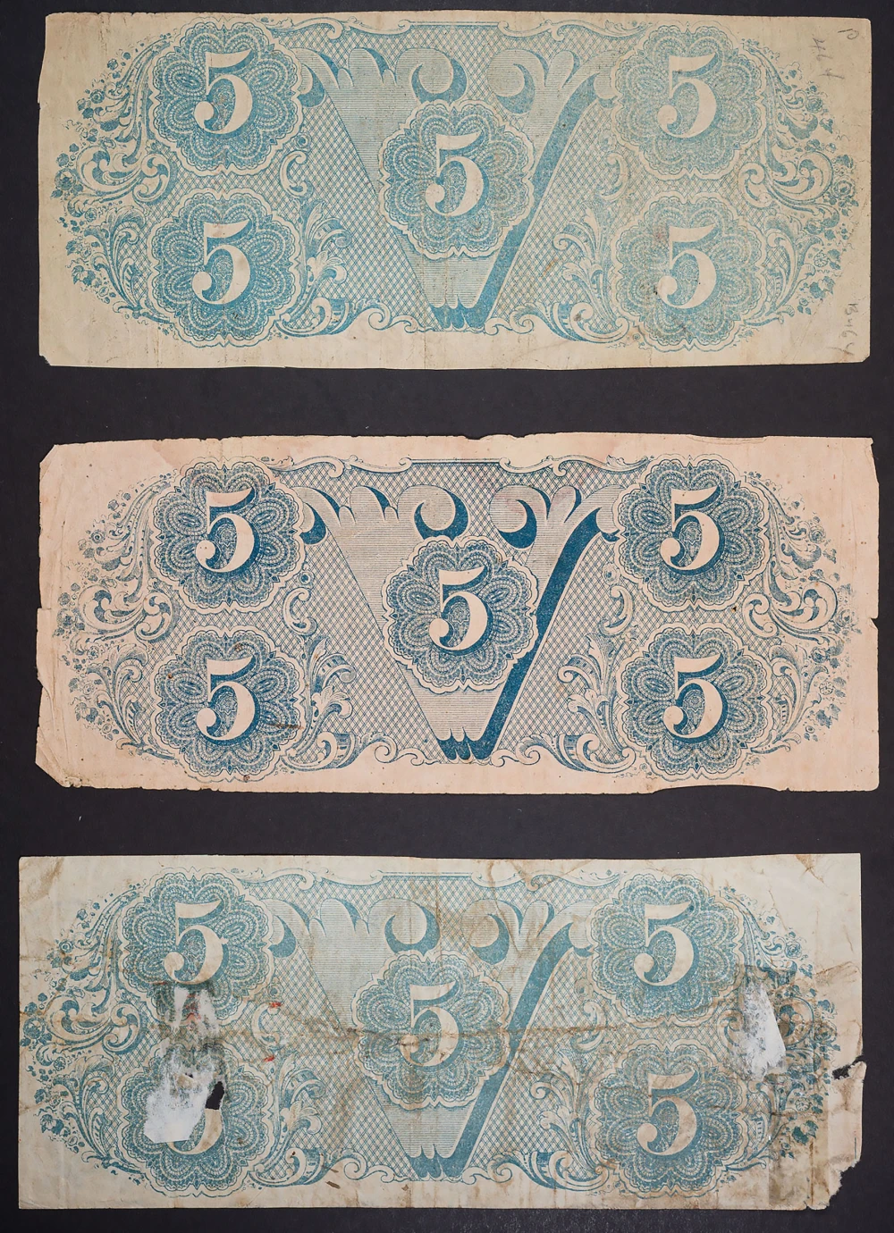 1862 & 1863 Confederate $5 Trio