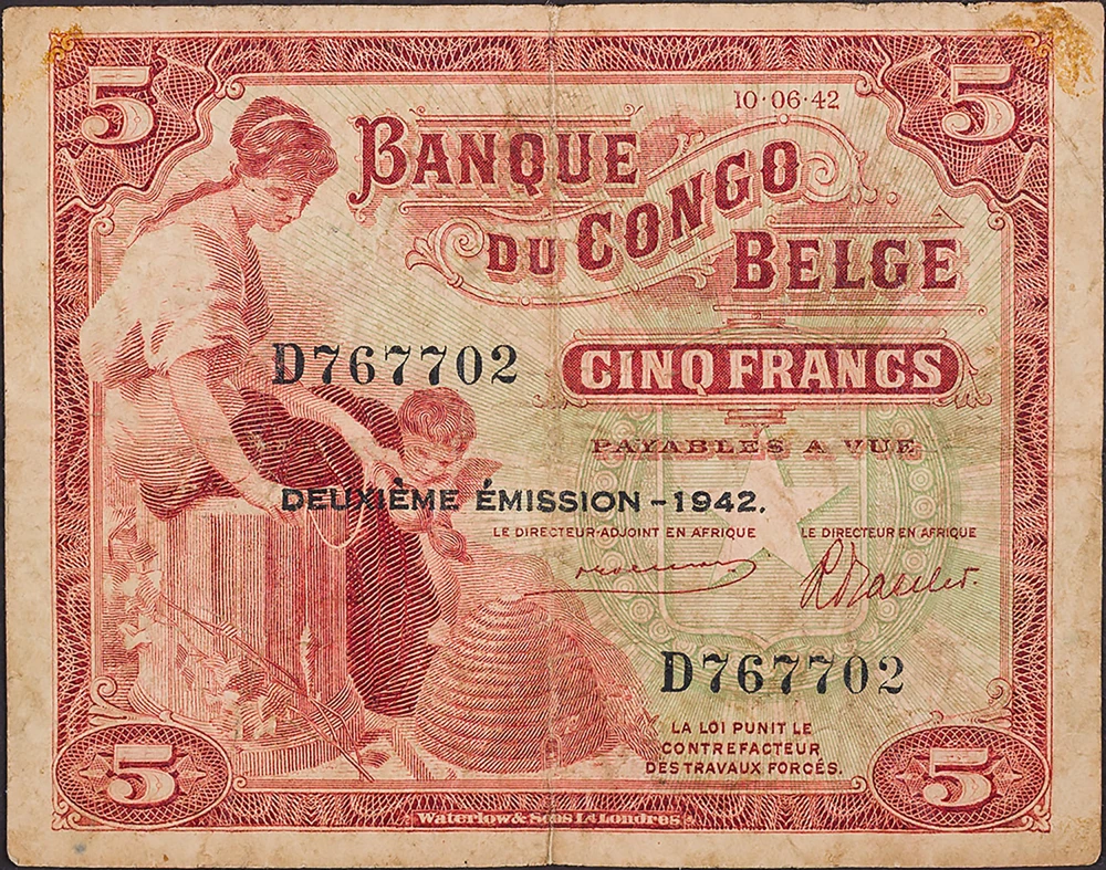 Belgian Congo. VF 1942 5 Francs