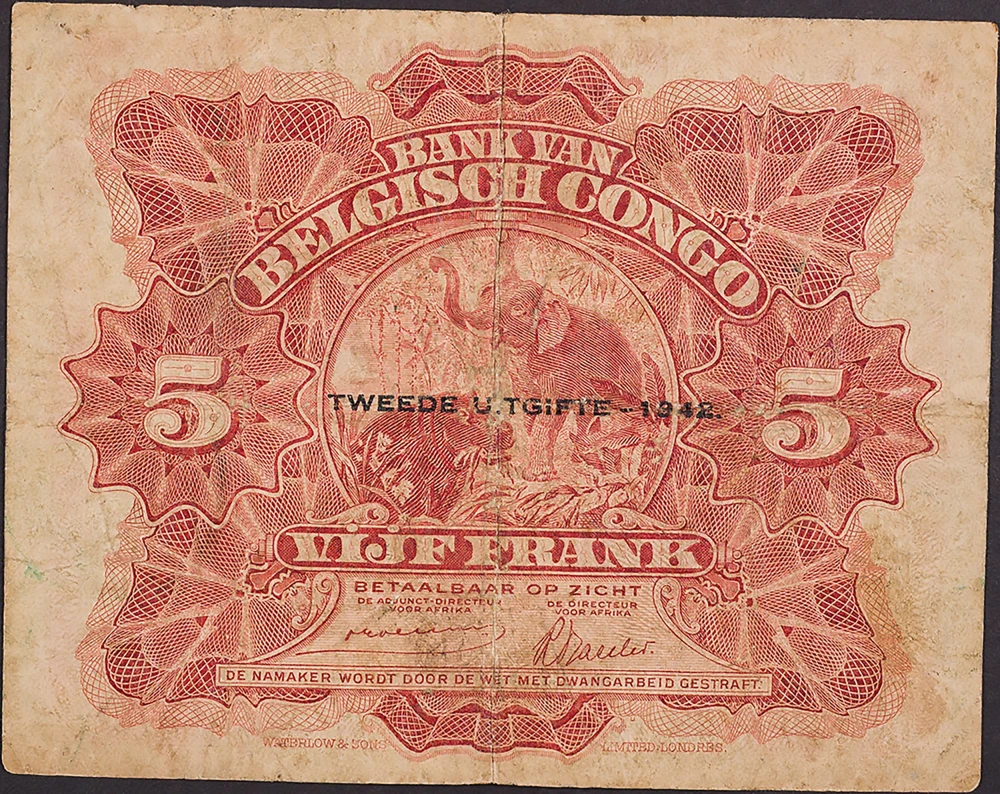 Belgian Congo. VF 1942 5 Francs