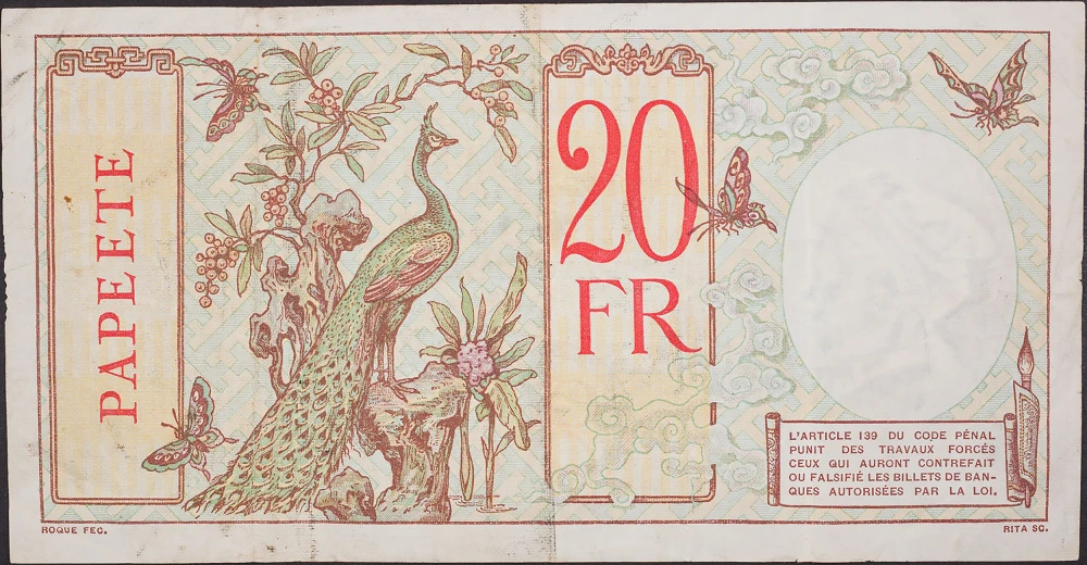 Tahiti. VF (1928) 20 Francs