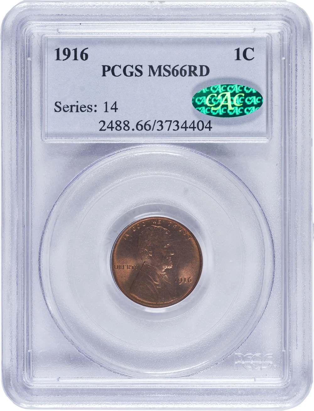 PCGS MS-66 RD CAC 1916 Lincoln Cent