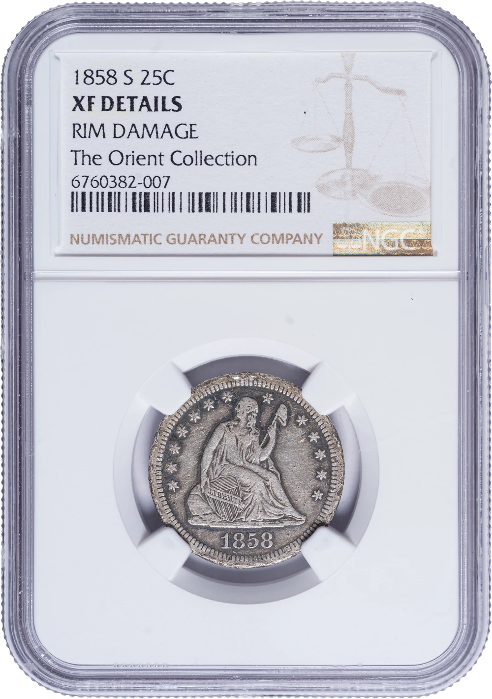 NGC EF Details 1858-S Quarter
