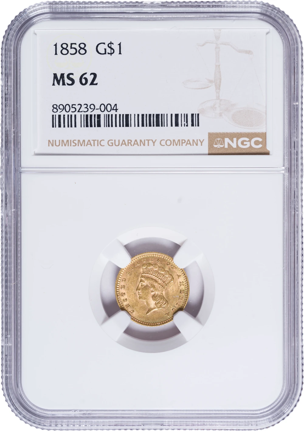 NGC MS-62 1858 $1 Gold