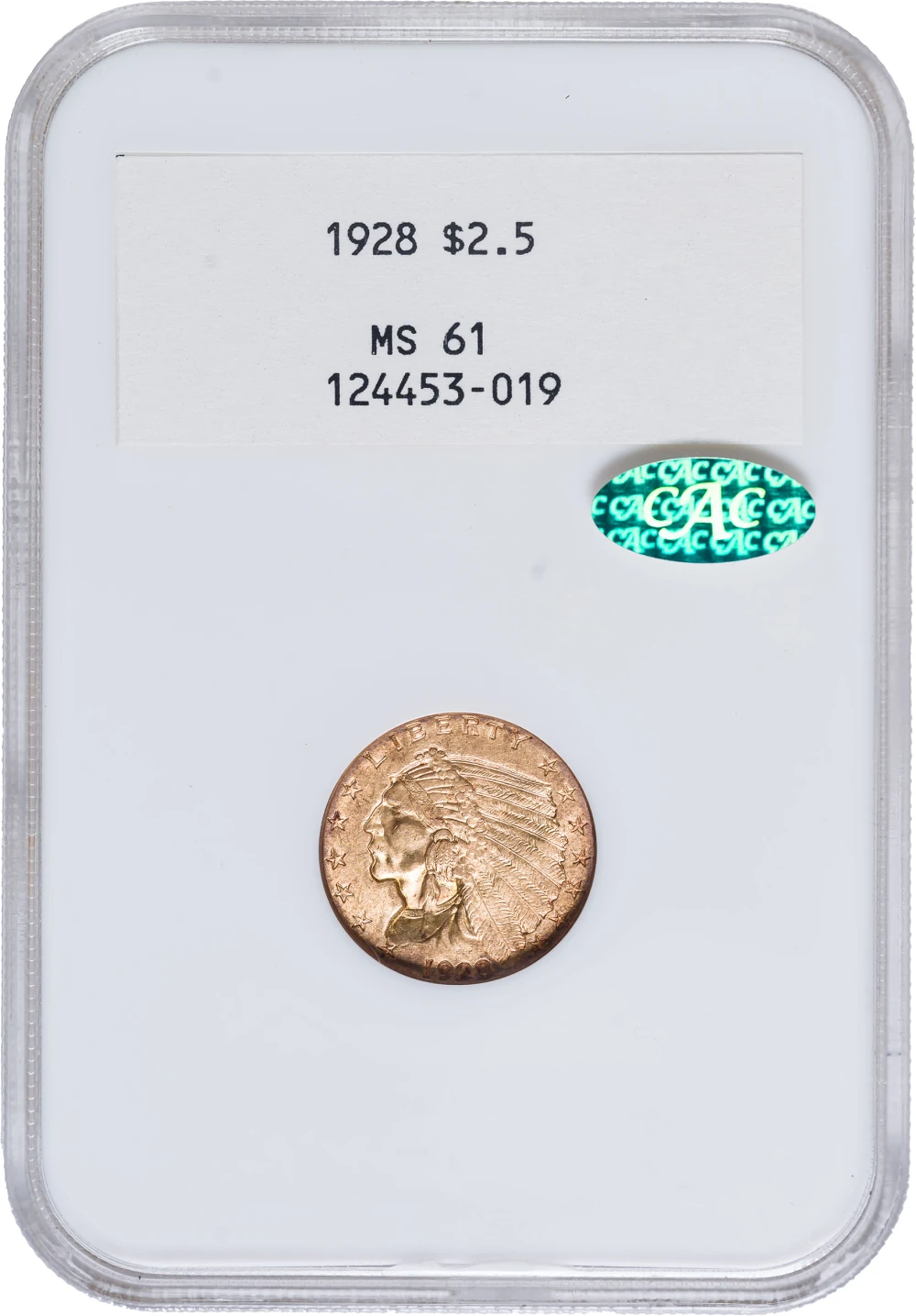 Very Early NGC MS-61 CAC 1928 $2.50 Gold Indian