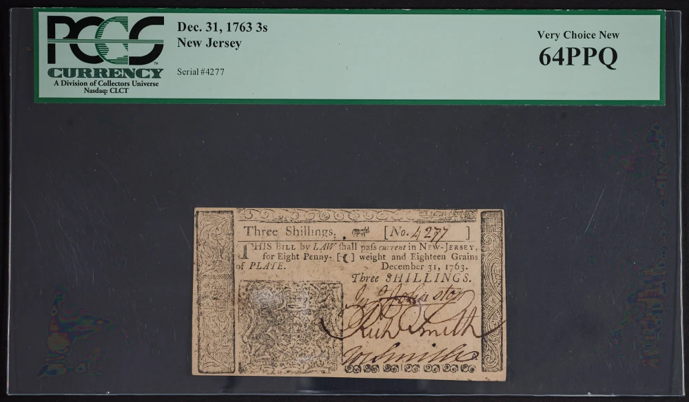 PCGS-64 PPQ 3 Shill 1763 NJ Colonial Currency