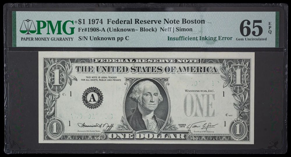 PMG-65 EPQ 1974 $1 FRN Insufficient Inking Error