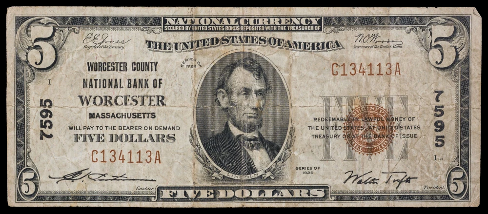 F+ Worcester MA 1929 $5 National