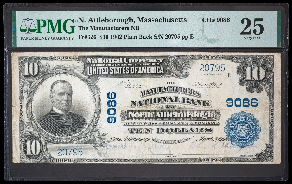 PMG VF-25 N. Attleborough MA 1902 $10 National