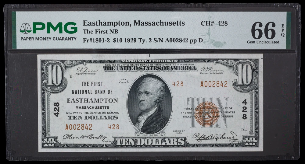 PMG Gem-66 EPQ Easthampton MA 1929 $10 National