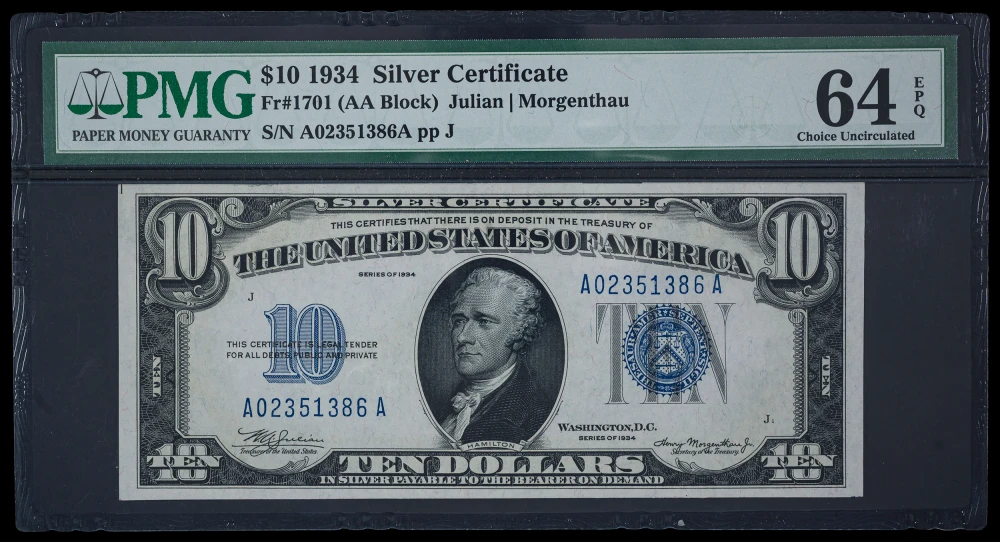PMG-64 EPQ 1934 $10 Silver Certificate