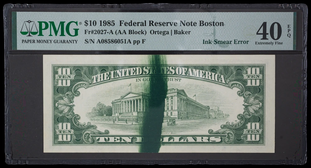 PMG-EF 40 EPQ. 1985 $10 FRN Ink Smear Error
