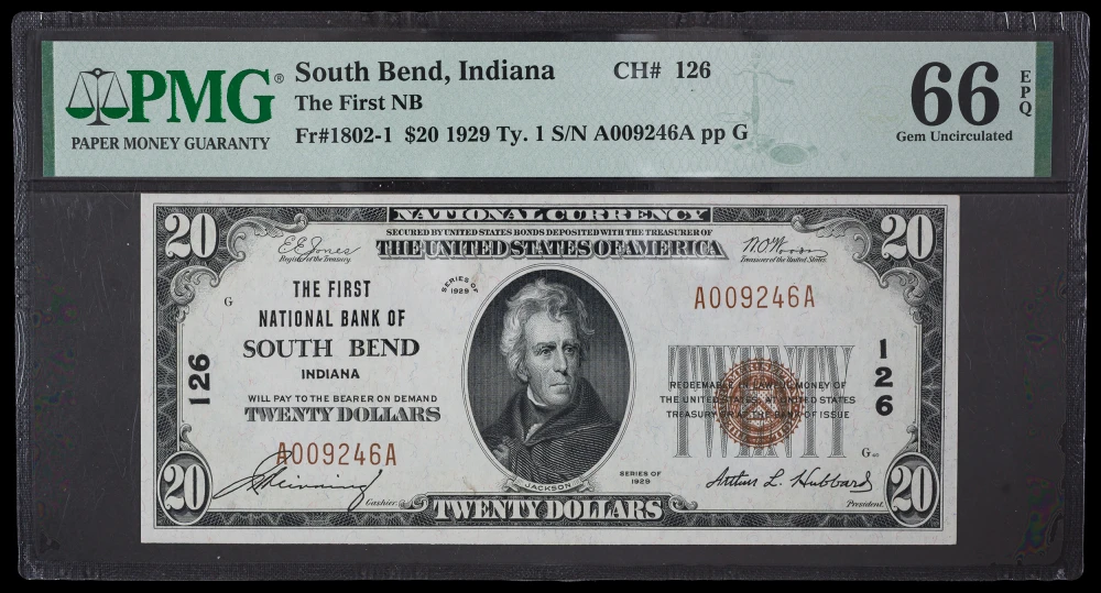 PMG Gem-66 EPQ South Bend IN 1929 $20 National
