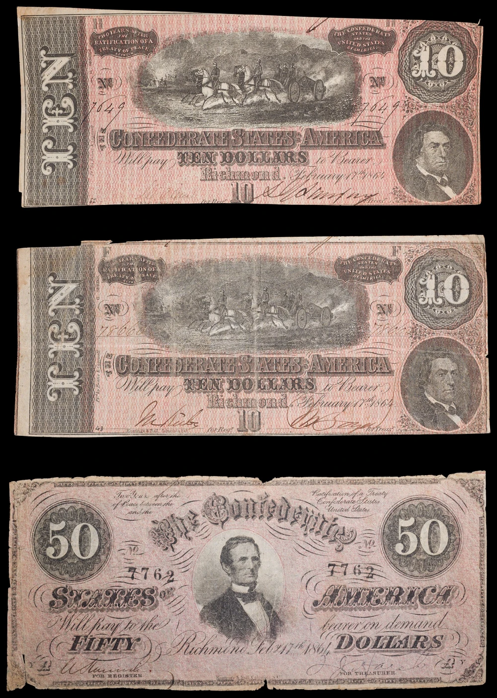 1864 Confederate Currency Trio