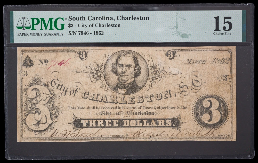 PMG F-15 1862 Charleston SC $3 Note