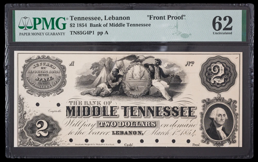 PMG-62 1854 Tennessee $2 Front Proof