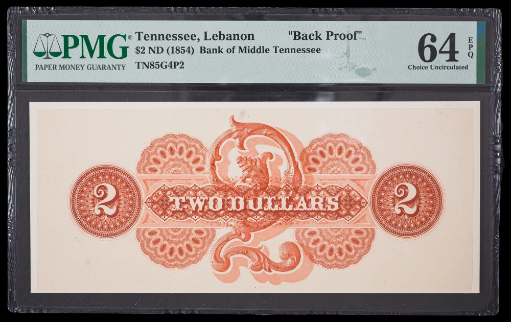 PMG-64 EPQ 1854 Tennessee $2 Back Proof