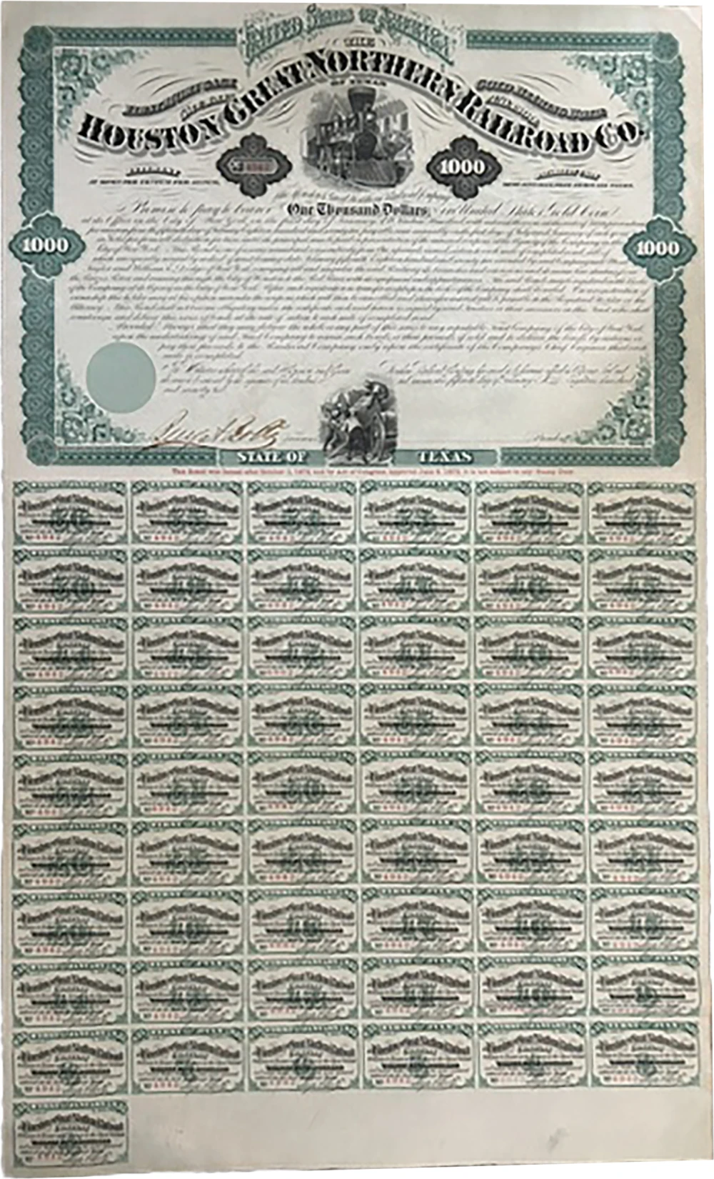 Texas. Crisp New October 1, 1872 $1,000 Bond
