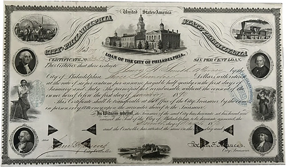 Philadelphia. March 1870 Six Per Cent Loan Bond