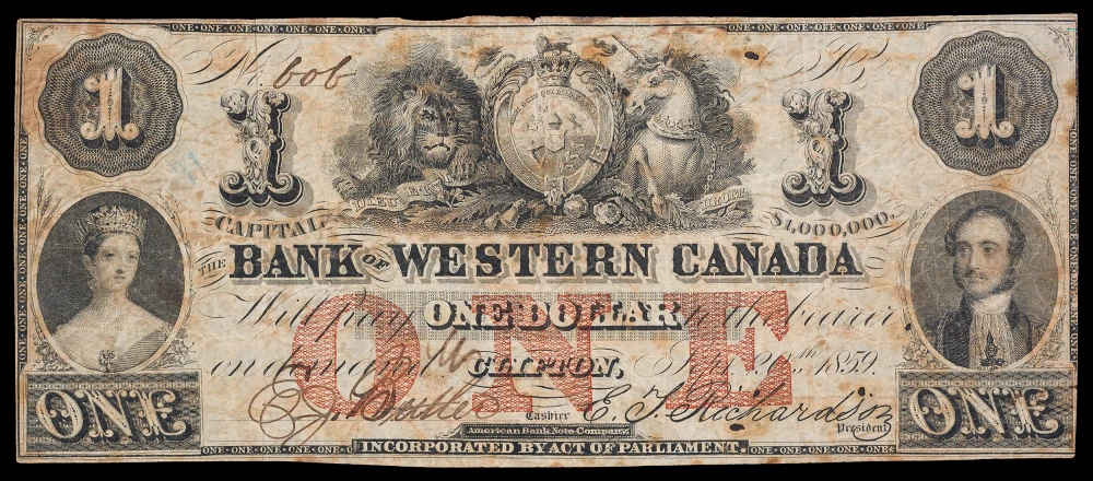 Bank Of Western Canada Fine 1859 $1.00 Note