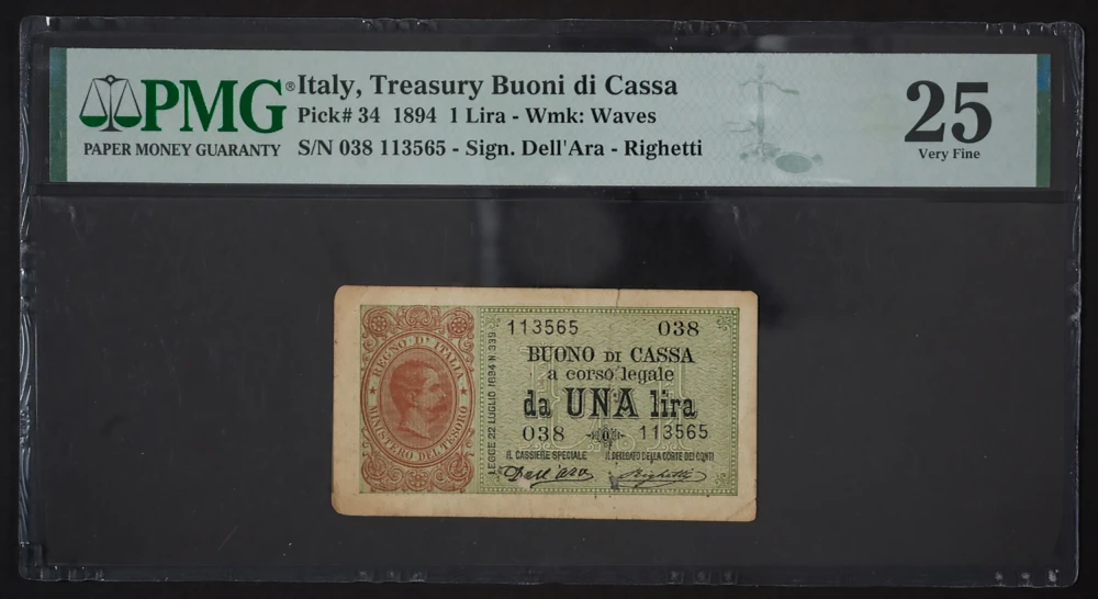 Italy. PMG VF-25 1894 1 Lira