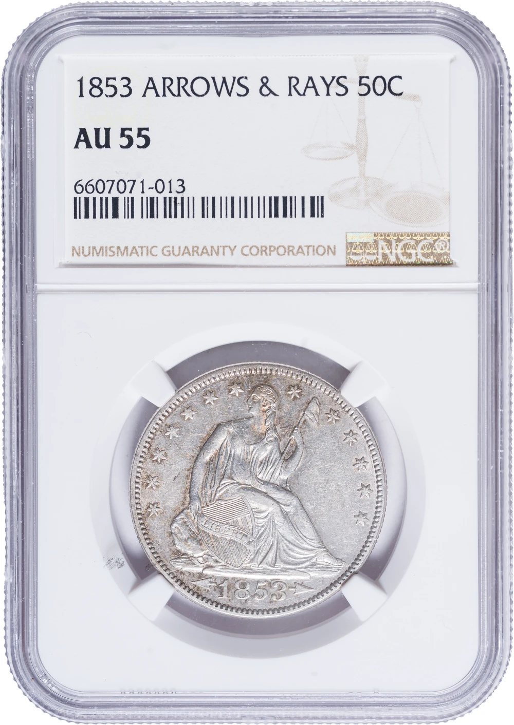 NGC AU-55 1853 Arrows and Rays Half Dollar