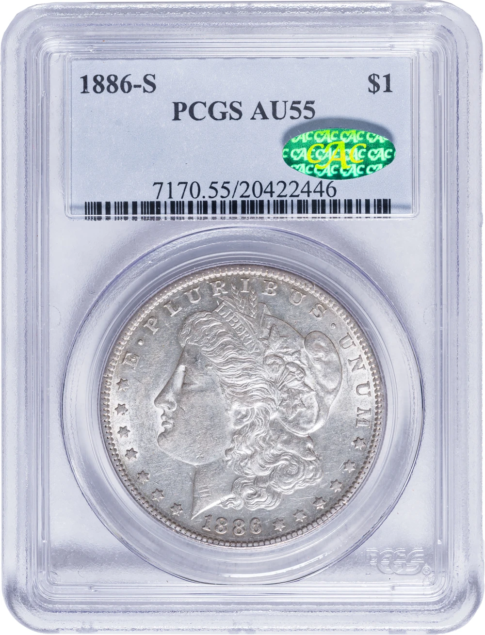PCGS AU-55 CAC 1886-S Morgan Dollar.