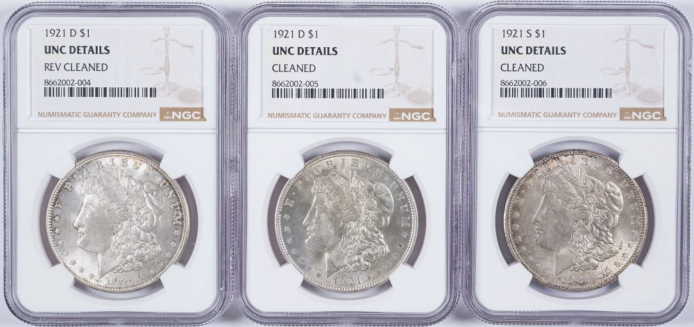 NGC UNC Details 1921-D & S Morgan Dollar Trio