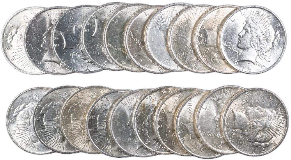 AU/UNC Mixed Roll Of 1922-24 Peace Dollars