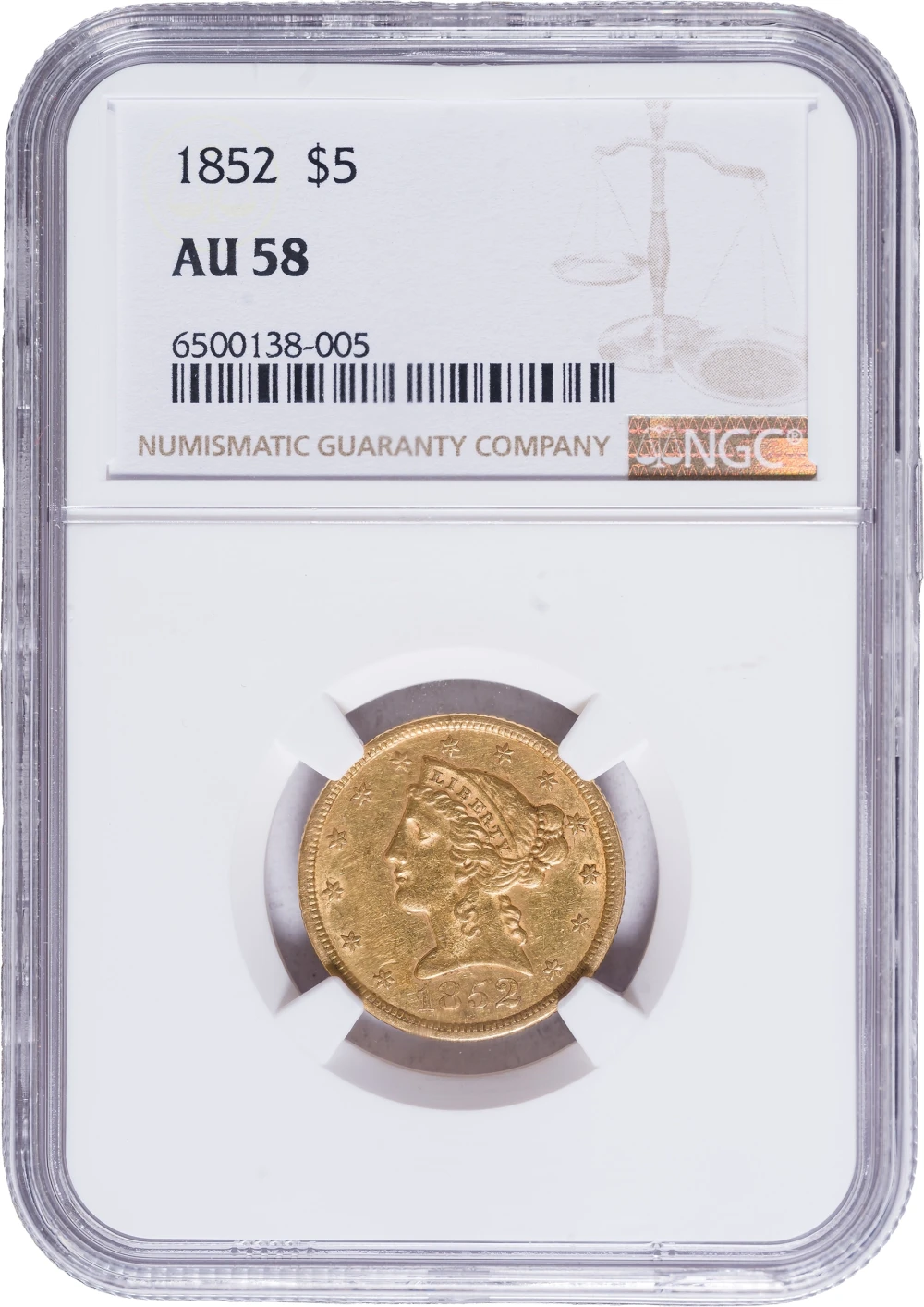 NGC AU-58 1852 $5 Gold Liberty
