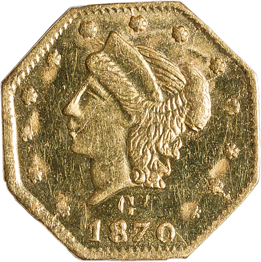 MS-60+ PL 1870-G California Gold 25-Cents