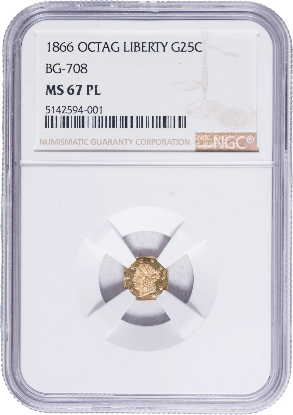 NGC MS-67 PL 1866 California Gold 25-Cents