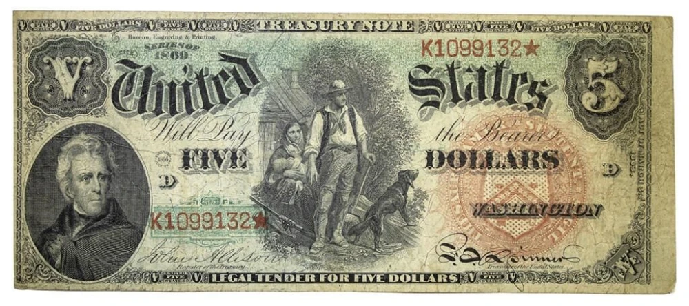 VF Series 1869 Woodchopper $5 Treasury Note