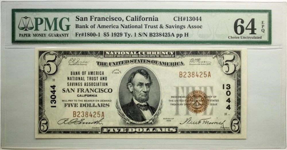 California. PMG UNC-64 EPQ Series 1929 $5 Note