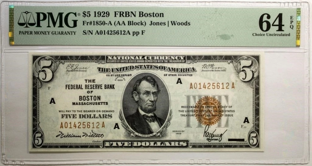 Massachusetts. PMG UNC-64 EPQ Series 1929 $5