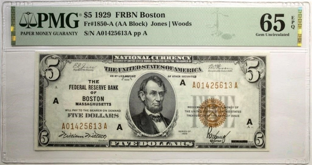 Massachusetts. PMG UNC-65 EPQ Series 1929 $5