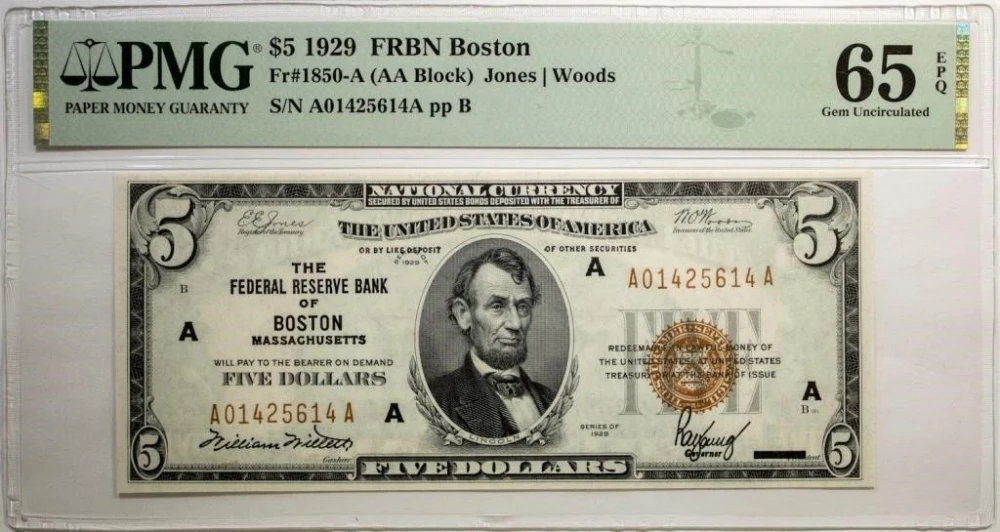 Massachusetts. PMG UNC-65 EPQ Series 1929 $5