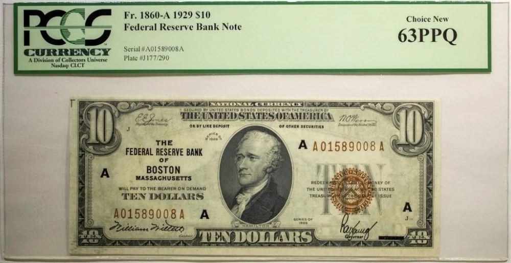Massachusetts. PCGS UNC-63 PPQ Series 1929 $10