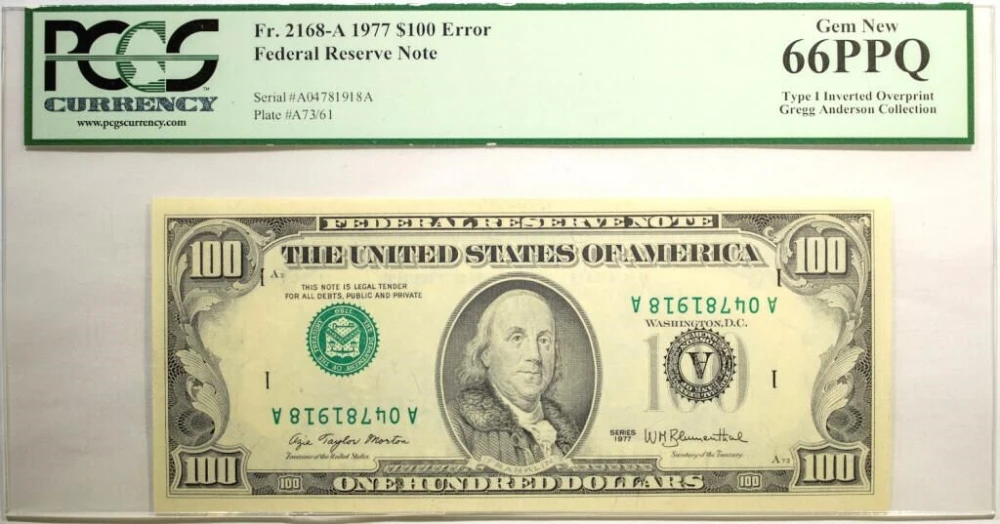 PCGS UNC-66 PPQ Series 1977 $100 Note Error