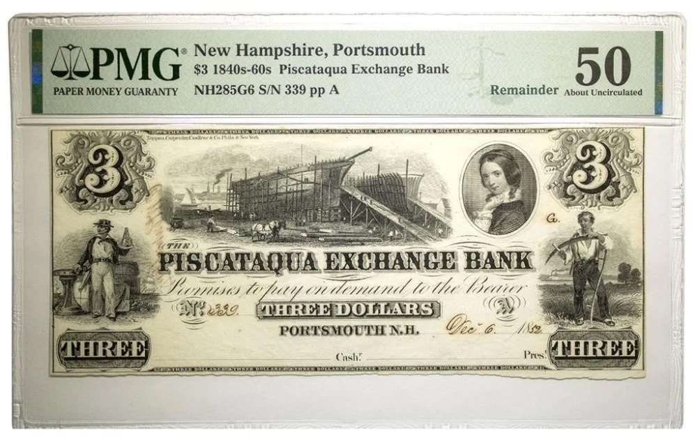 New Hampshire. Portsmouth. PMG AU-50 $3