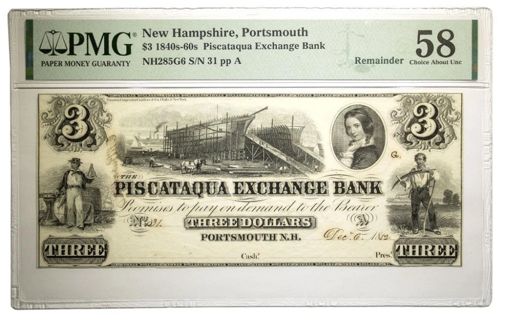 New Hampshire. Portsmouth. PMG AU-58 $3