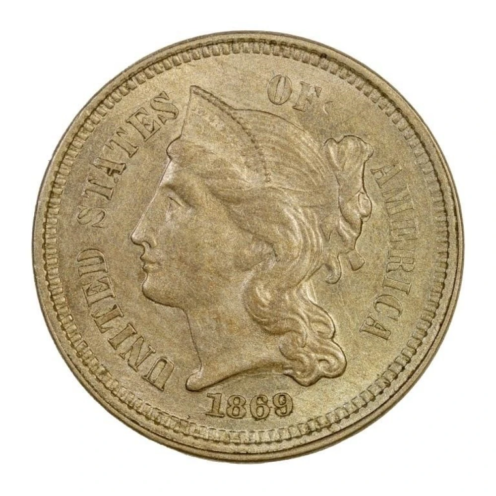 AU-58 1869 Three Cent Nickel