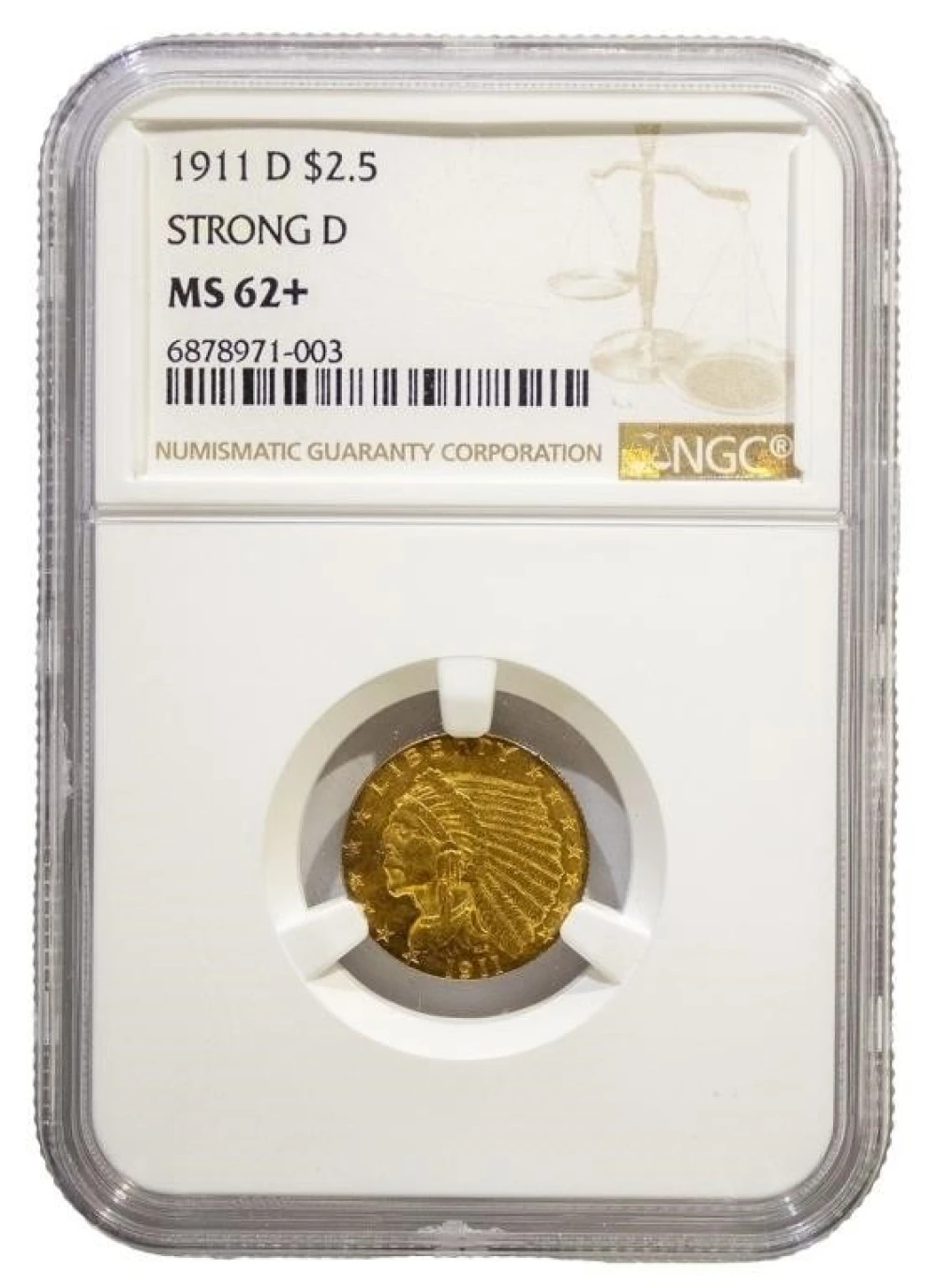NGC MS-62+ 1911-D Gold $2.50 Indian