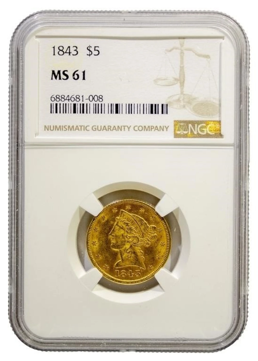 NGC MS-61 1843 Gold $5 Liberty
