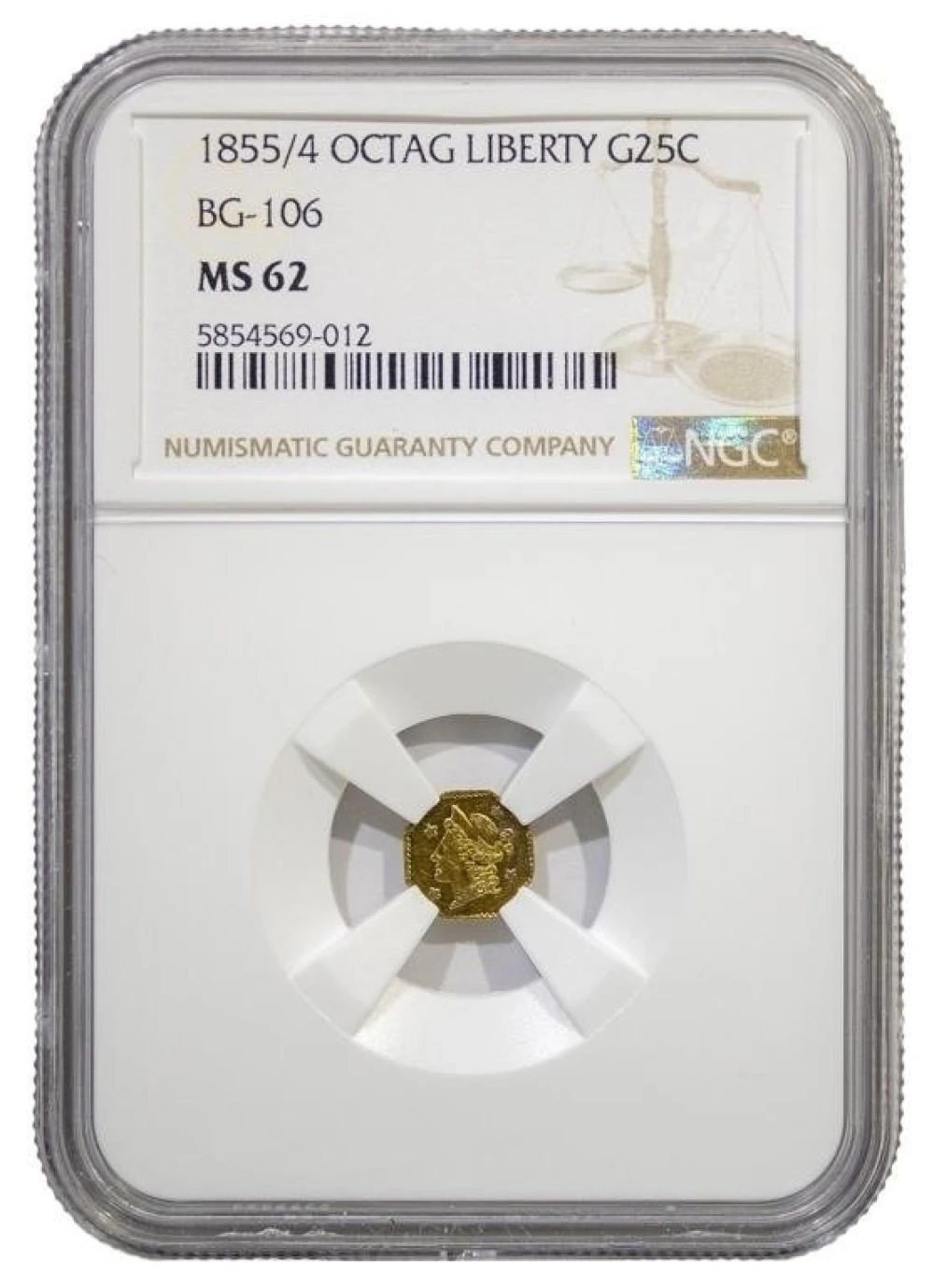 NGC MS-62 1855/4 California Gold Quarter