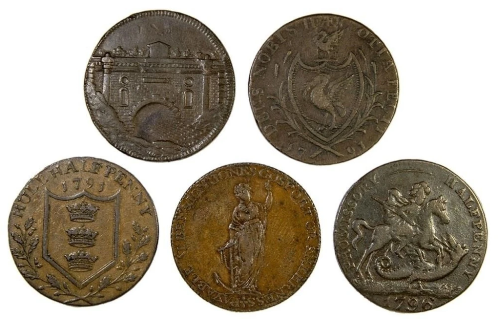 Conder Tokens. A Fleet of Five Sailing Ship Pieces