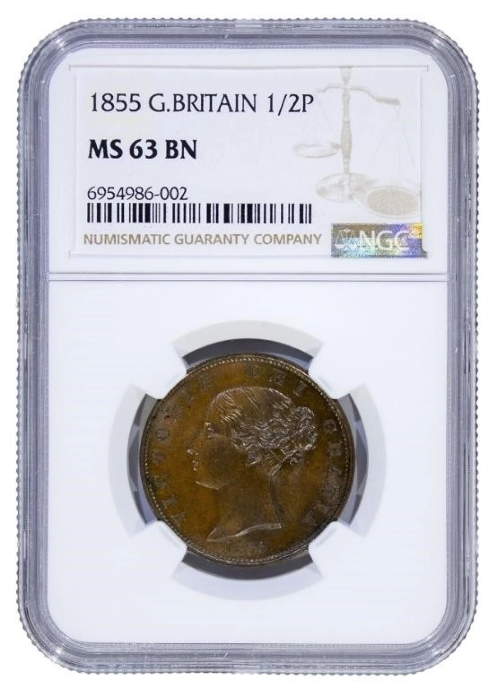 Great Britain. NGC MS-63 BN 1855 Halfpenny