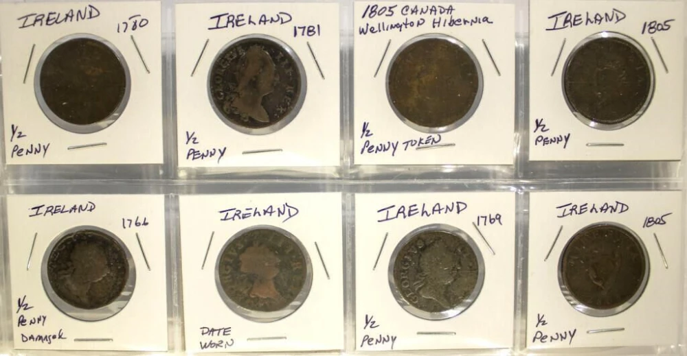 Ireland. 8 Pieces Early 1/2 Pennies